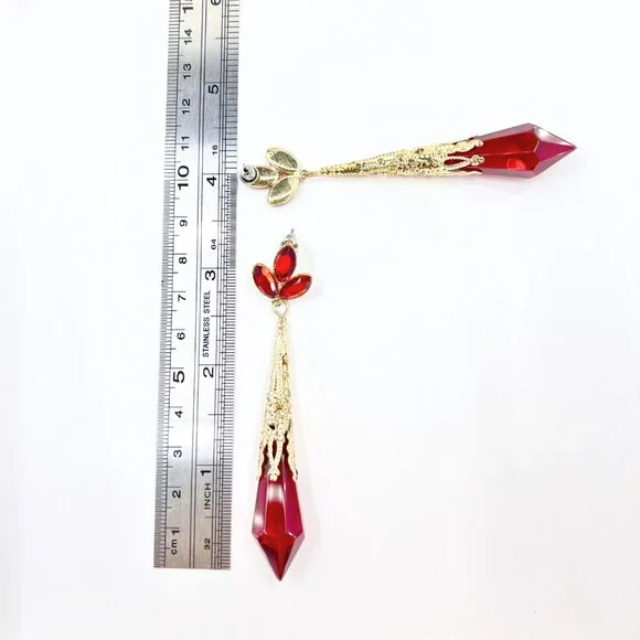 NWT – Charming Charlie – Red Jeweled Drop Glass Dangle Gold Tone 3.5” Earrings - Picture 6 of 8